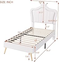 Vista 26 de Linique Base de cama tapizada de tamaño matrimonial con luces LED, moderna cama de princesa tapizada con cabecera corona, blanco y rosa