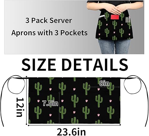 Miniatura 4 de Delantal de cintura de 3 bolsillos, paquete de 3, diseño de cactus verde servidor, delantal corto para hombres y mujeres, cocina, restaurante,