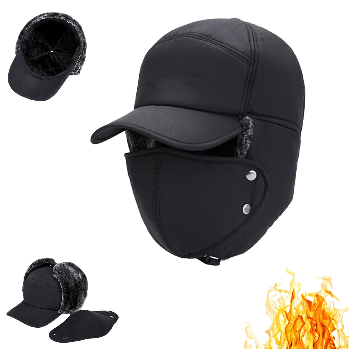 GANDUS Tozuor Furry Trapper Hat, Unisex Black Furry Trapper Hat,Winter Windproof Warm Hats with Ear Flaps and Mask (A/Black,One Size)