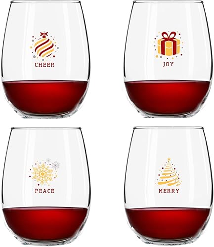 DU VINO Copas de vino sin tallo de Navidad (juego de 4 piezas) - Coloridas y alegres copas para fiestas navideñas, elegante, diversión a la moda,