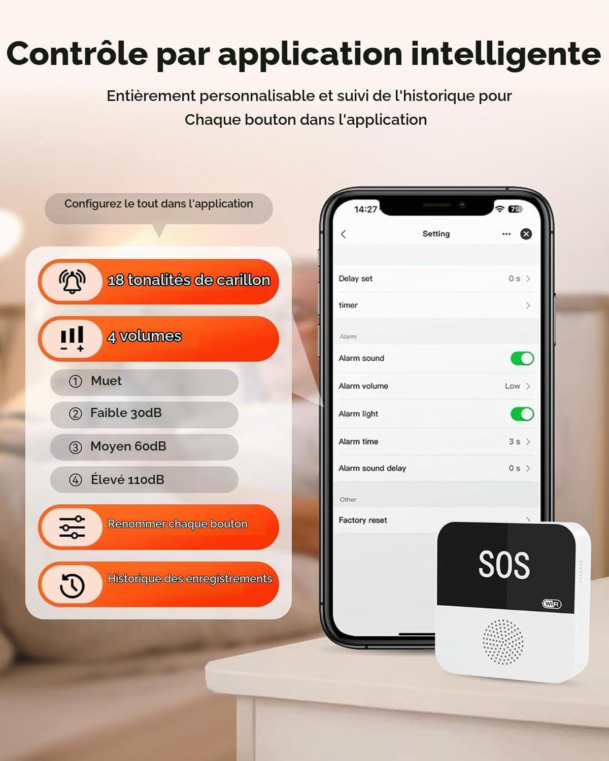 Bracelet Alarme Personne Agee sans Fil, Bouton Appel Urgence Alarme Personne Agée SOS Patients Handicapés (Kit Wi-FI)