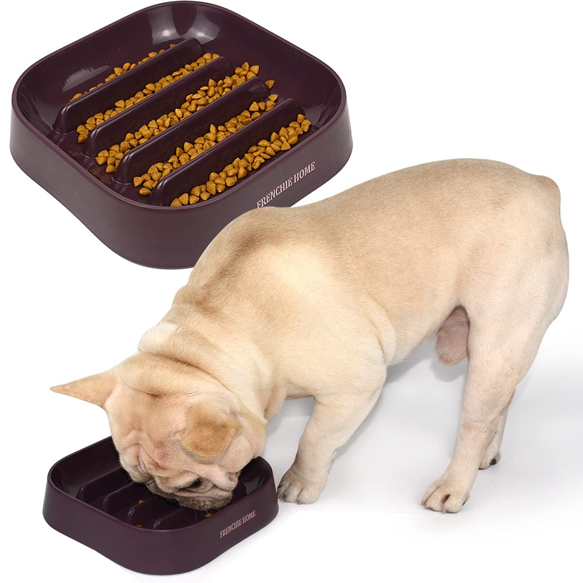FRENCHIE HOME Slow Feeding Dog Bowl for Frenchie Bulldog,Dog Slow Feeder Bowl for Small Medium Dog,No Chocking Dog Cat Bowl with Four-Leaf Clover Pattern (coffee)