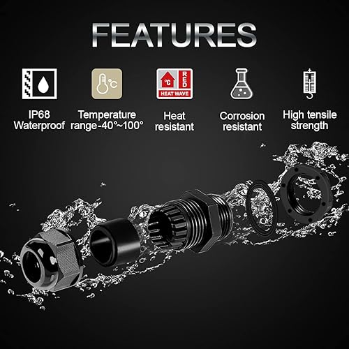 Miniatura 3 de LeMotech Paquete de 5 prensaestopas NPT de 34 pulgadas, impermeables, ajustables, conectores de cable de 0.492-0.709 in, juntas de nailon negro con