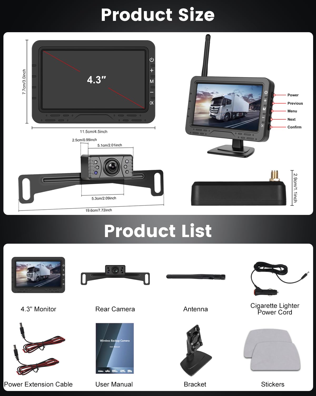 NHOPEEW Kit Inalámbrico de Cámara de Visión Trasera con Monitor de 4.3", Líneas de Aparcamiento Ajustables, Cámara de Marcha Atrás Impermeable IP68, Visión Nocturna, No Necesita Cableado