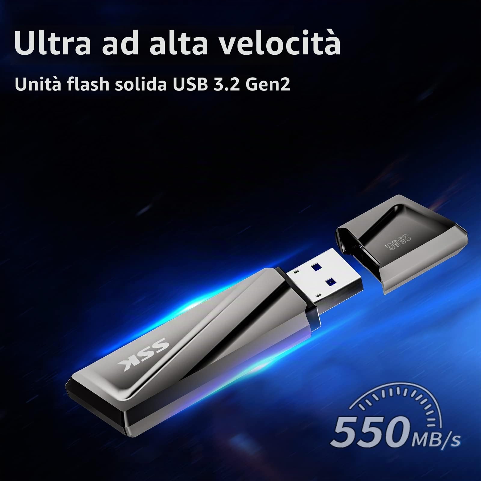 SSK SSD USB 3.2 Gen2 da 256 GB, lettura fino a 550 MB/s e scrittura da 500 MB/s SSD esterno portatile Unità USB veloce + adattatore USB C per smartphone, laptop, tablet e altro di tipo C