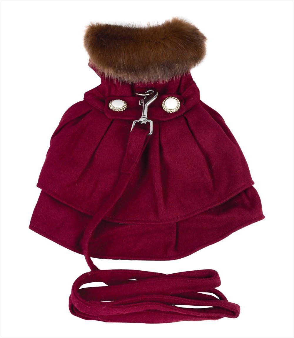 Burgundy Wool with Fur Collar Harness Coat for Dogs (XS (10"-13" girth; 7"-10" neck))