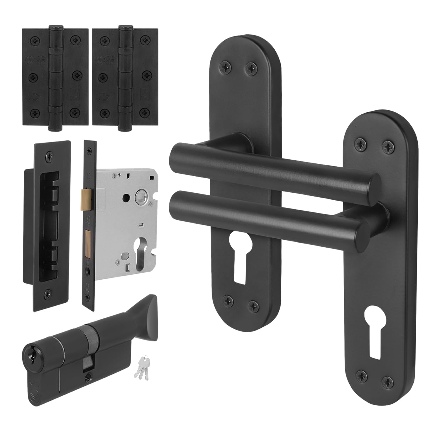 EAI Black Door Handle Euro Lock Thumbturn Cylinder Set, 1 Pair Matt Black Internal Door Handle, Lock, Hinges - Oliena — image 1