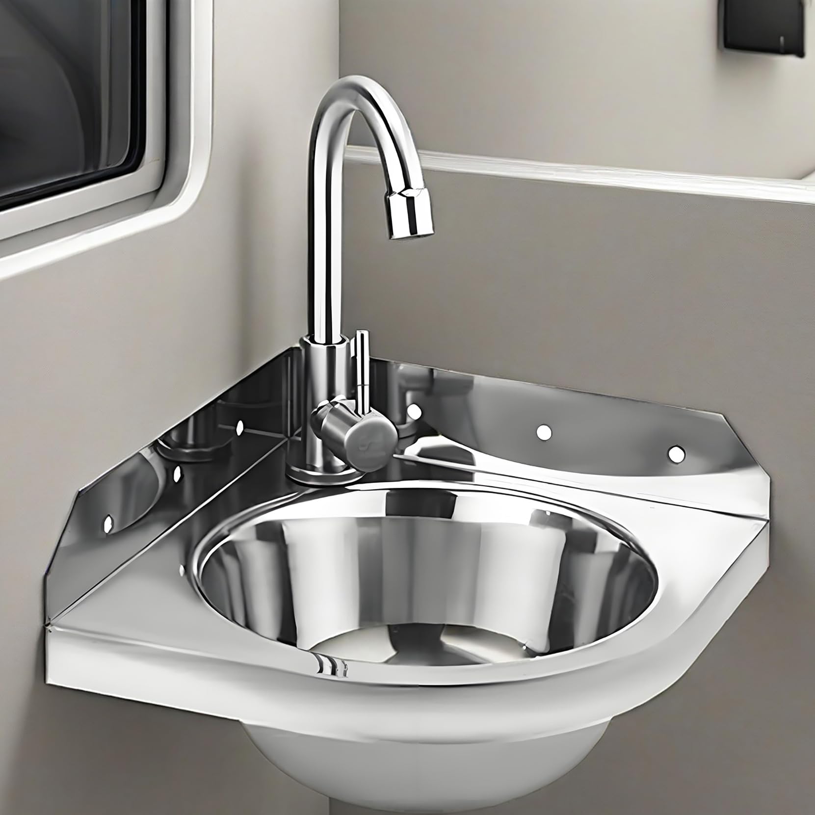 Éviers d'angle en acier inoxydable,Petit Évier Cuisine 1 Bac Mural,Lavabo de Salle de Bain Vasque avec Chaud et froid Robinet,Mini Lave-Main,pour L'intérieur et à L'extérieur, WC Jardin