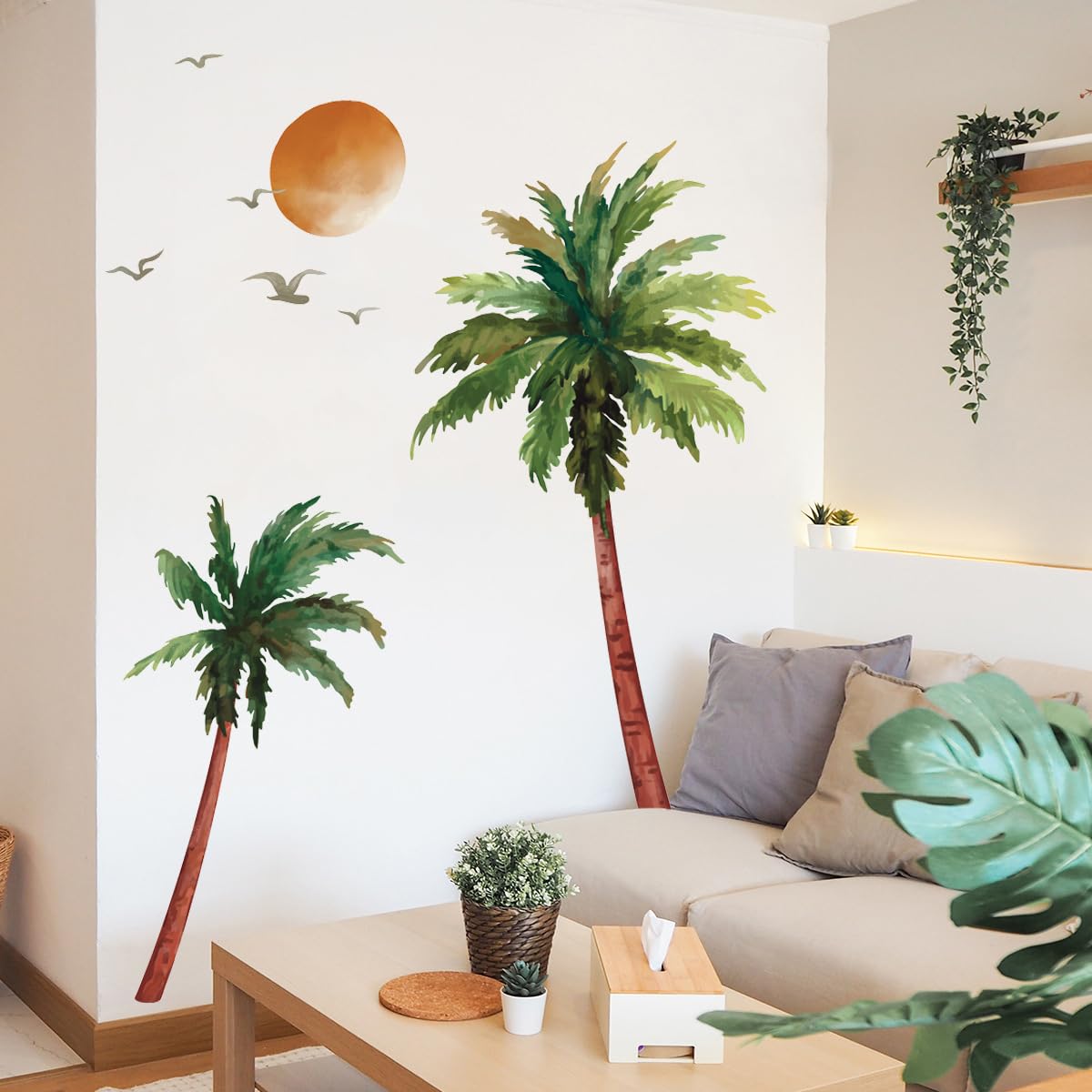 Runtoo Boho Palm Tree Wall Art Decals Peel and Stick Large Tropical Tree Plants Wall Stickers for Bedroom Living Room Kids Nursery Wall Decor - Image 2