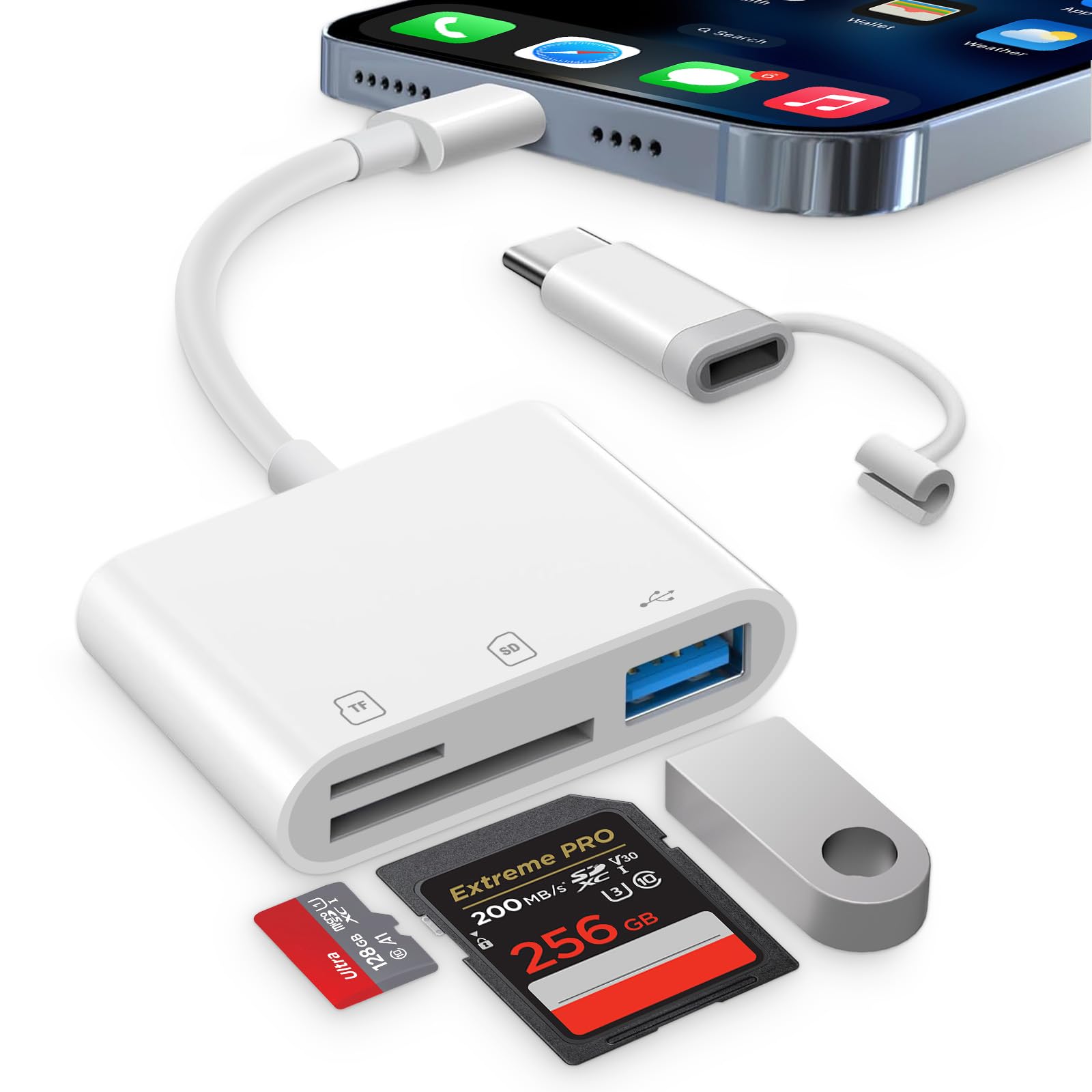 3 in 1 SD Card Reader for iPhone, [Apple MFi Certified], Lightning & USBC to SD Card Reader with SD, Micro SD/TF and USB A Slot, Plug & Play, Suitable for iPhone/iPad/Mac/Android phone/Laptop-image-46