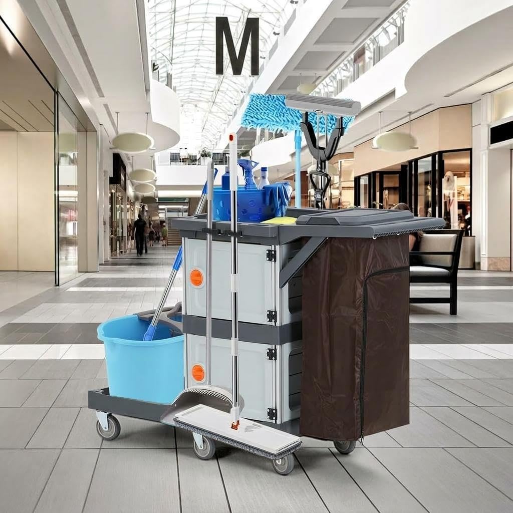 Carrello Pulizie Professionale a 3 Ripiani, Carrello per Pulizie Commerciali con Sacco in Vinile da 95L e Struttura Robusta, 6 Ruote Silenziose – Ideale per Hotel, Ristoranti, Scuole e Ospedali