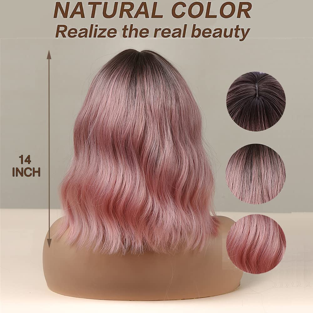 Esmee 14 Pouces Court Ndulée Ombre Rose Bob Perruque avec Franges Naturelle Synthétique Heat Resistant Perruques pour les Femmes avec des Racines Sombres pour la fête Quotidienne Cosplay Portez