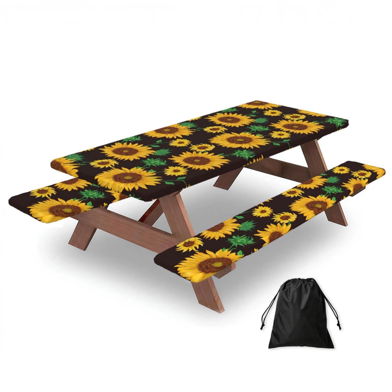 Yqxwjl Black Beautiful Sunflower Print Camping Essentials Waterproof Camping Table And Bench Cover With Drawstring Bag 183 Cm