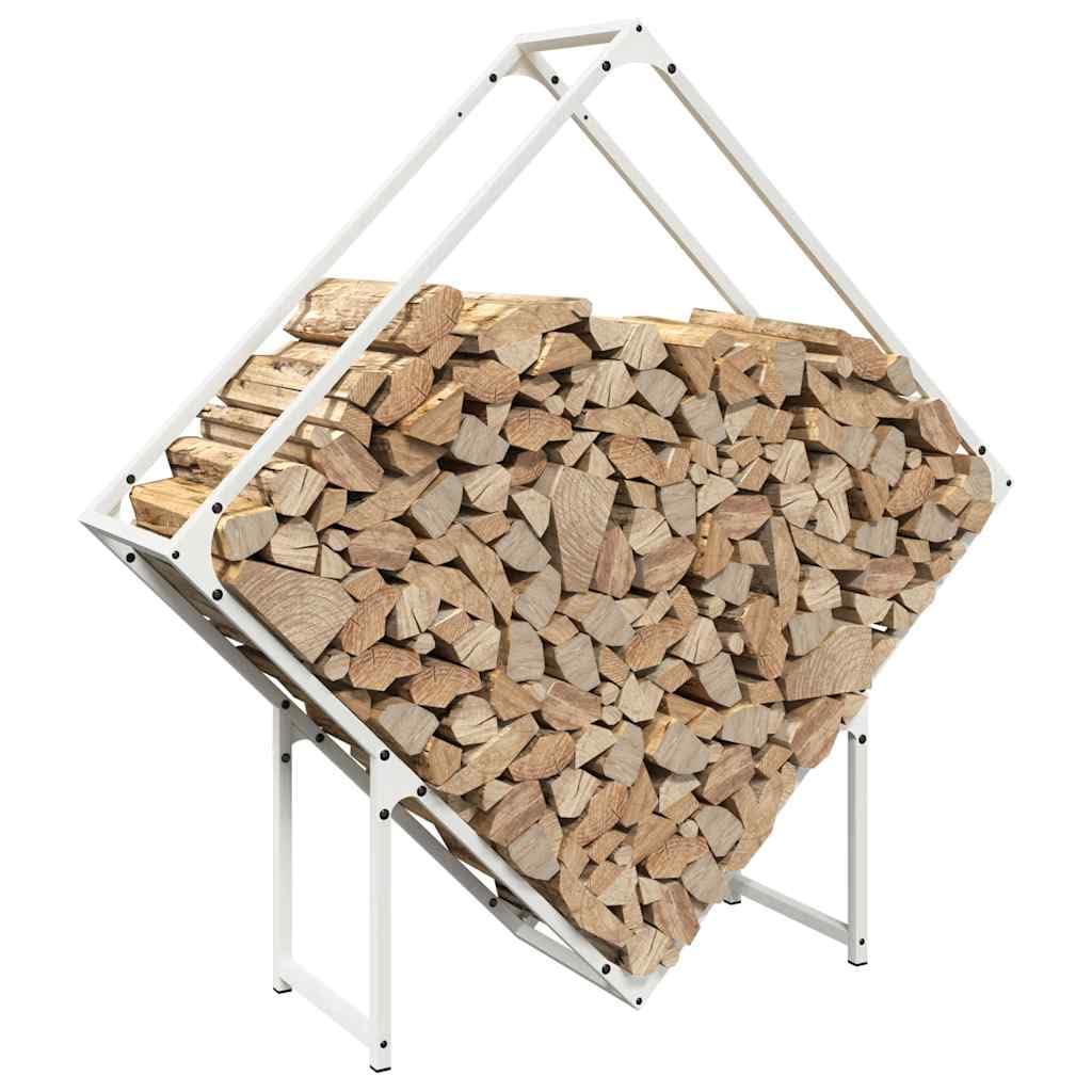 Regał na drewno w kolorze białym, wytrzymały stojak na drewno ze stali walcowanej na zimno do kominka wewnętrznego i zewnętrznego, 100 x 25 x 100 cm, maksymalna nośność 100 kg