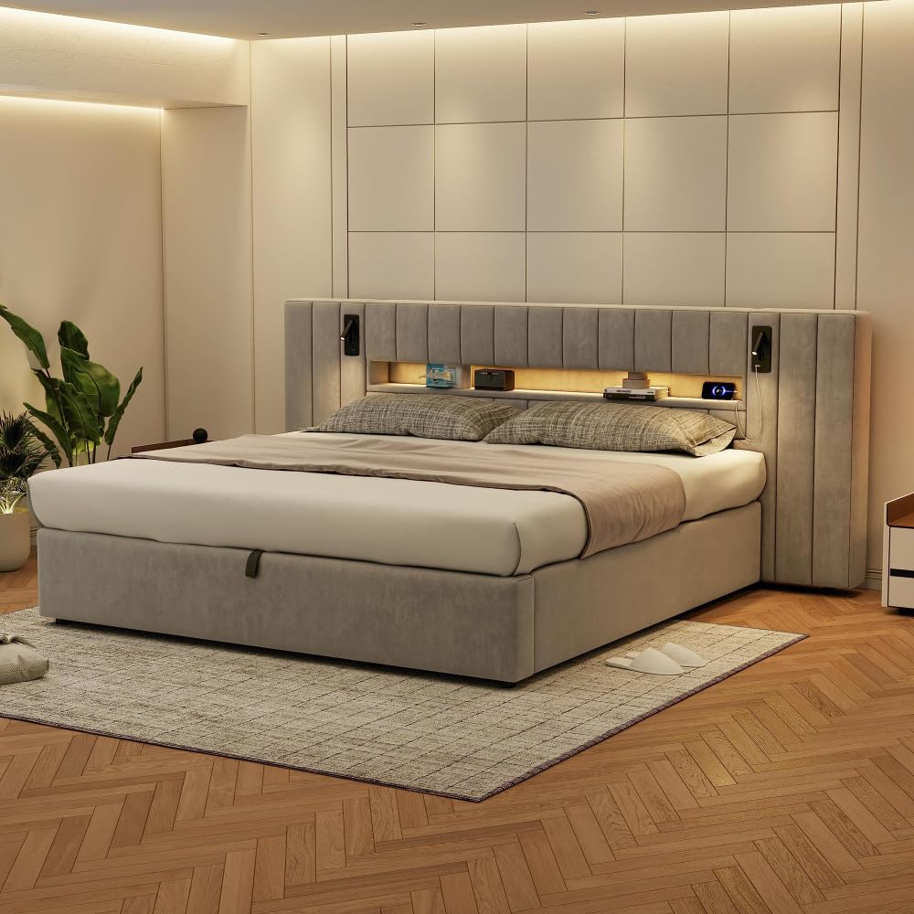Zepneiy Lit 180x200 avec Sommier LED et USB C, Coffre de Rangement et Tête de Lit, Double à Lattes pour 2 Personnes, Rembourré (sans Matelas