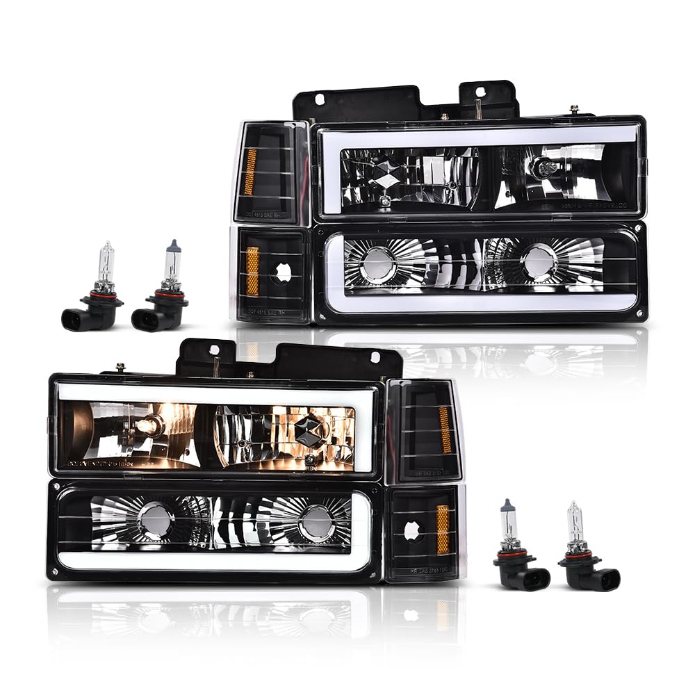 GRandORANGE Headlight Assembly Compatible with GMC C1500 K1500 Yukon 94-99Fit GMC C1500 C2500 K1500 K2500 SuburbanFit GMC C2500 C3500 K2500 K3500 94-00 Headlamp ClearLens Amber Reflector 02HLA4515EBK