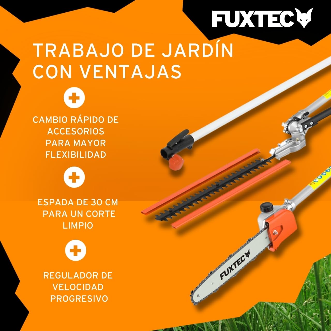 FUXTEC FX-MT152E Multiherramienta 5en1 a Gasolina – Desbrozadora, Cortasetos, Motosierra Inclinada, Cortabordes y Extensión 1 m – Motor 2 Tiempos 52cc para Jardinería