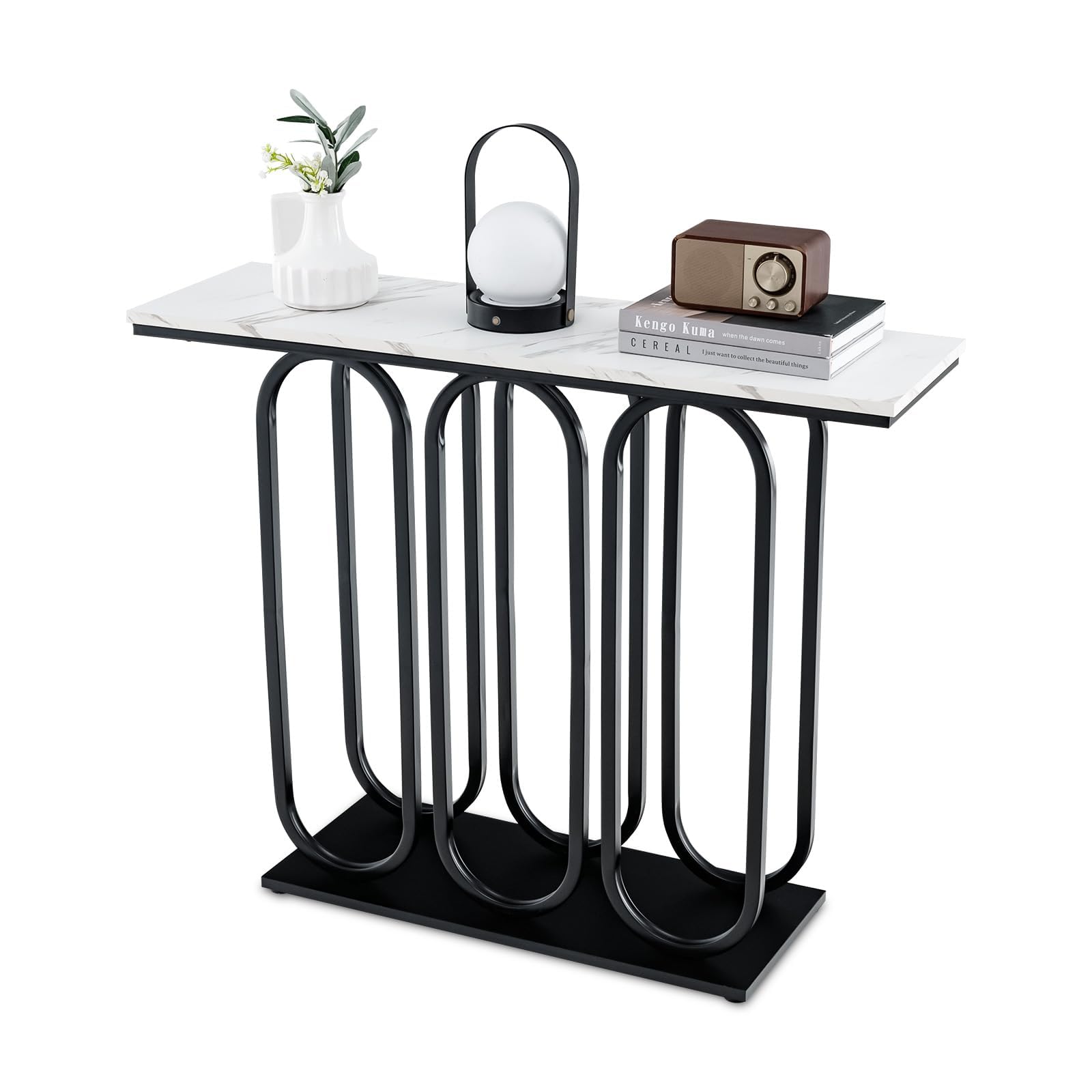 FANTASK Moderno tavolo consolle da ingresso con struttura in metallo, consolle sottile con effetto marmo, per soggiorno, corridoio, camera da letto, ingresso, 100 x 30 x 80 cm (bianco e nero)