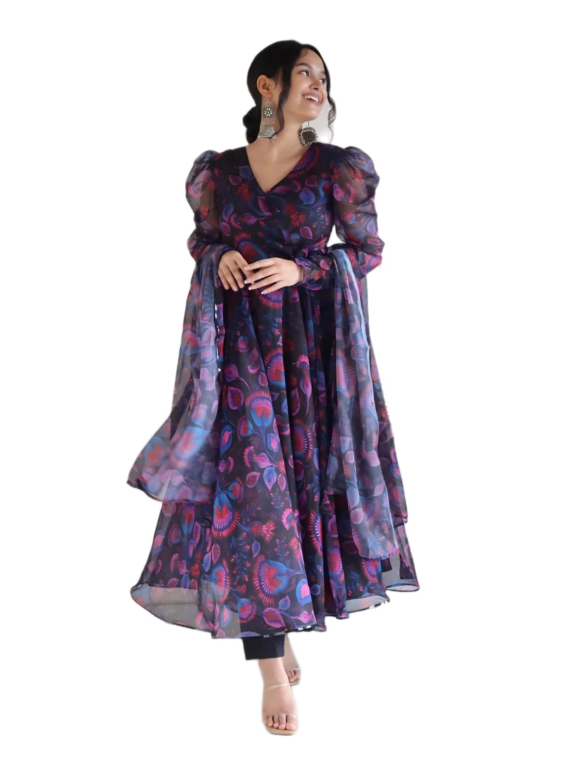 vegads Women Georgette Anarkali Floral Digital Printed Kurti Pant And Dupatta Set-picture-33