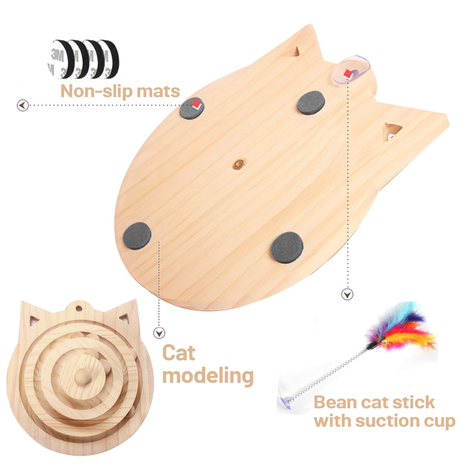 Juguetes Interactivos para Gatos Juguetes de Madera para Gatito Torre de 3 Pisos con Pista y 3 Tipos de Pelota con Diferentes Funciones, Palo de Gato Divertido, Base Antideslizante