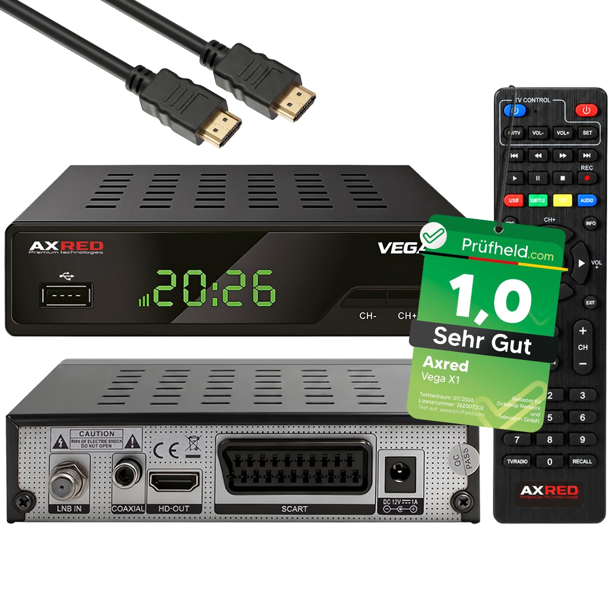 [ Test bardzo dobry, Note 1.0 *] AXRED Vega X1 + kabel HDMI, odbiornik satelitarny HD z funkcją nagrywania, Full HDTV, cyfrowy odbiornik satelitarny do anteny satelitarnej, telewizji satelitarnej