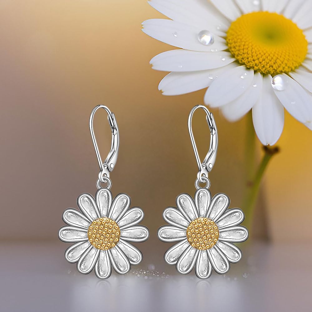 Daisy Earrings for Women Sterling Silver Daisy Gifts Leverback Dangle Studs Earring Jewelry Cubic Zircon Hooks Flower Studs Pendant 18k White Lucky Flowers - Image 4