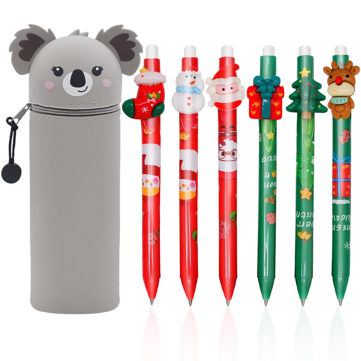 Christmas Erasable Pens Set - 6 Cute Animal Design Pens + 2 in 1 Koala Pencil Case in Soft Silicone, Blue Gel Ink & Barrel designs, Tip 0.5 mm, Perfect for Holiday Gifts, School & Office Supplies