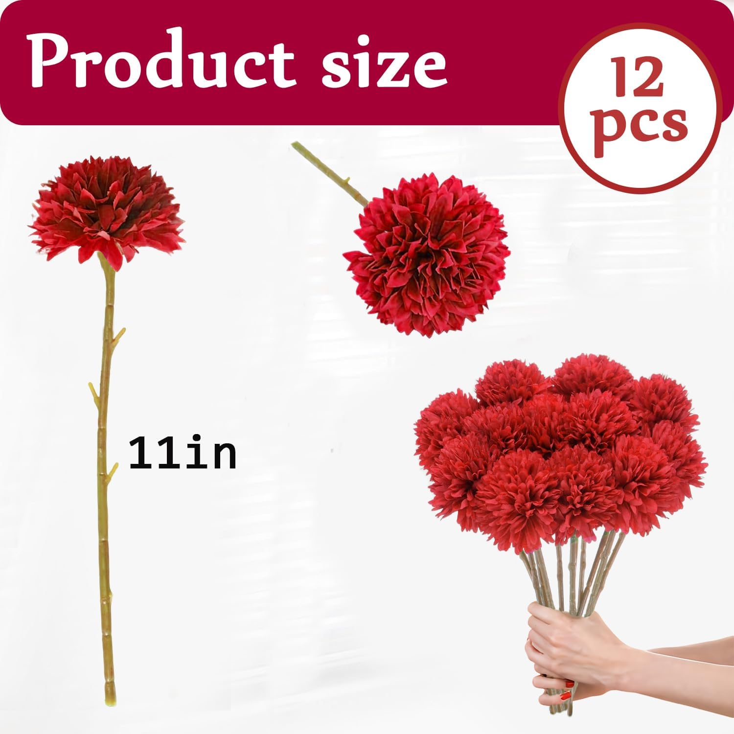 Tinsow 12Pcs Artificial Chrysanthemum Faux Red Ball Flowers Burgundy Fall Flowers for Christmas Autumn Farmhouse Home Decoration (12, Red) - Image 2