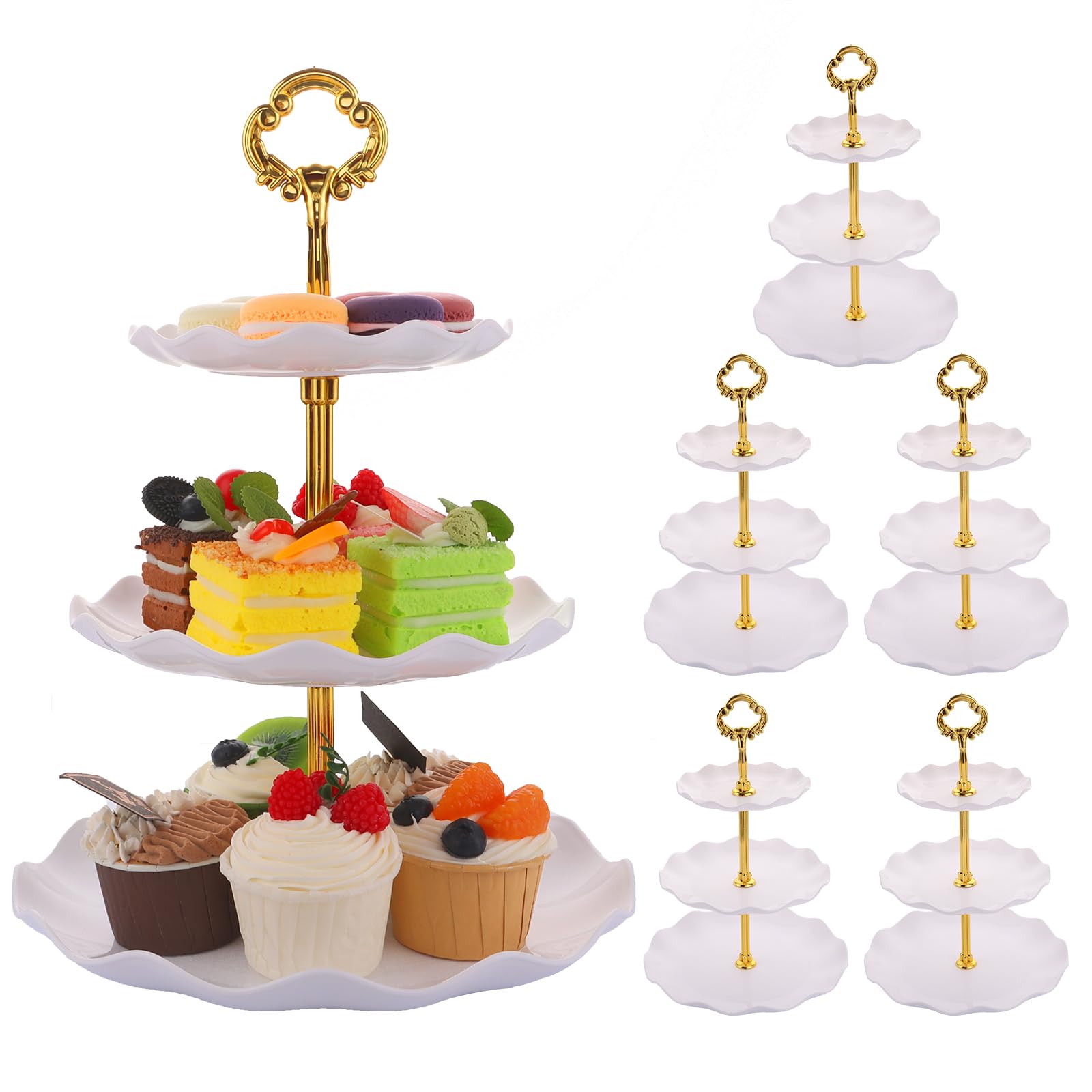FWEEK Pack of 6 Large Stable 3-Tier Cupcake Stand 30cm Height Plastic Cake Stand Food Round Display for Wedding Birthday Graduation Afternoon Tea Party (Gold, Large)