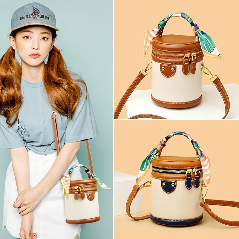 Mini Bucket Crossbody Bags for Women Vegan Leather Small Round Shoulder Round Handle Handbag Purses Exquisite handbag with Silk lacing cord (Business Blue) - Image 2
