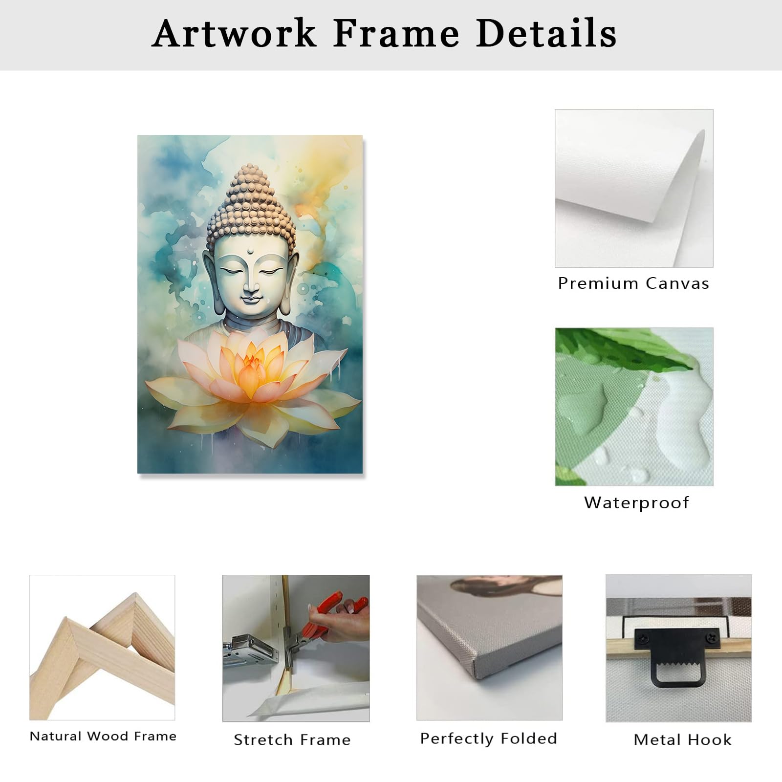 Stampa Su Tela ZXHYWYM - Testa Di Buddha Dorata - Quadro Spirituale Zen - 30x45 Cm - Cornice In Legno - Per Yoga E Meditazione