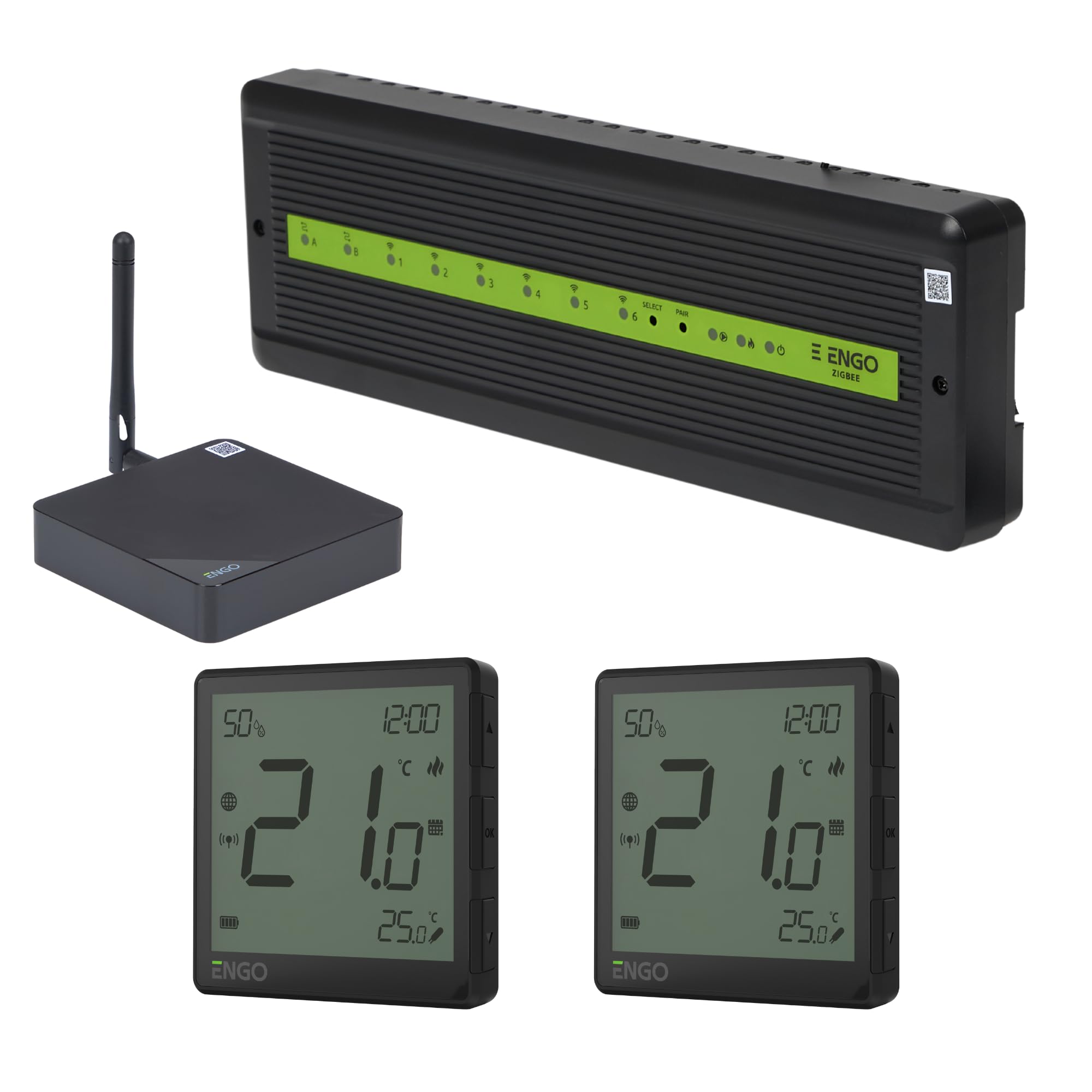 ENGO Sterowanie wielostrefowe bezprzewodowe podpodłogowe UFH Smart Control Pack Zigbee Wifi Gateway, centrum okablowania, 2-6 inteligentnych termostatów (czarny, 4, strefy)