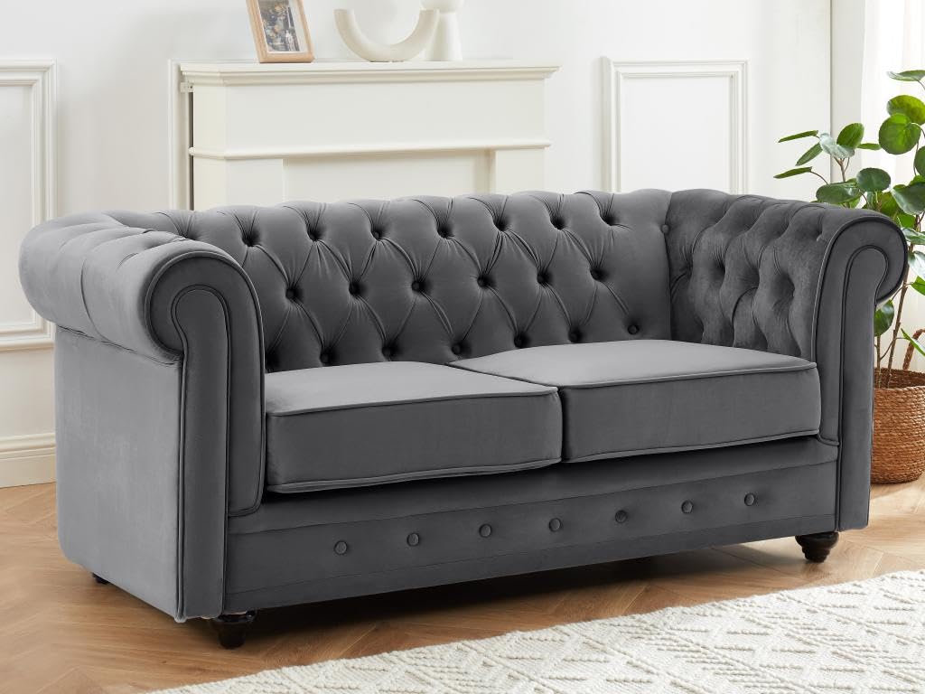 Vente-unique - Canapés 3 Places et 2 Places en Velours Anthracite Chesterfield