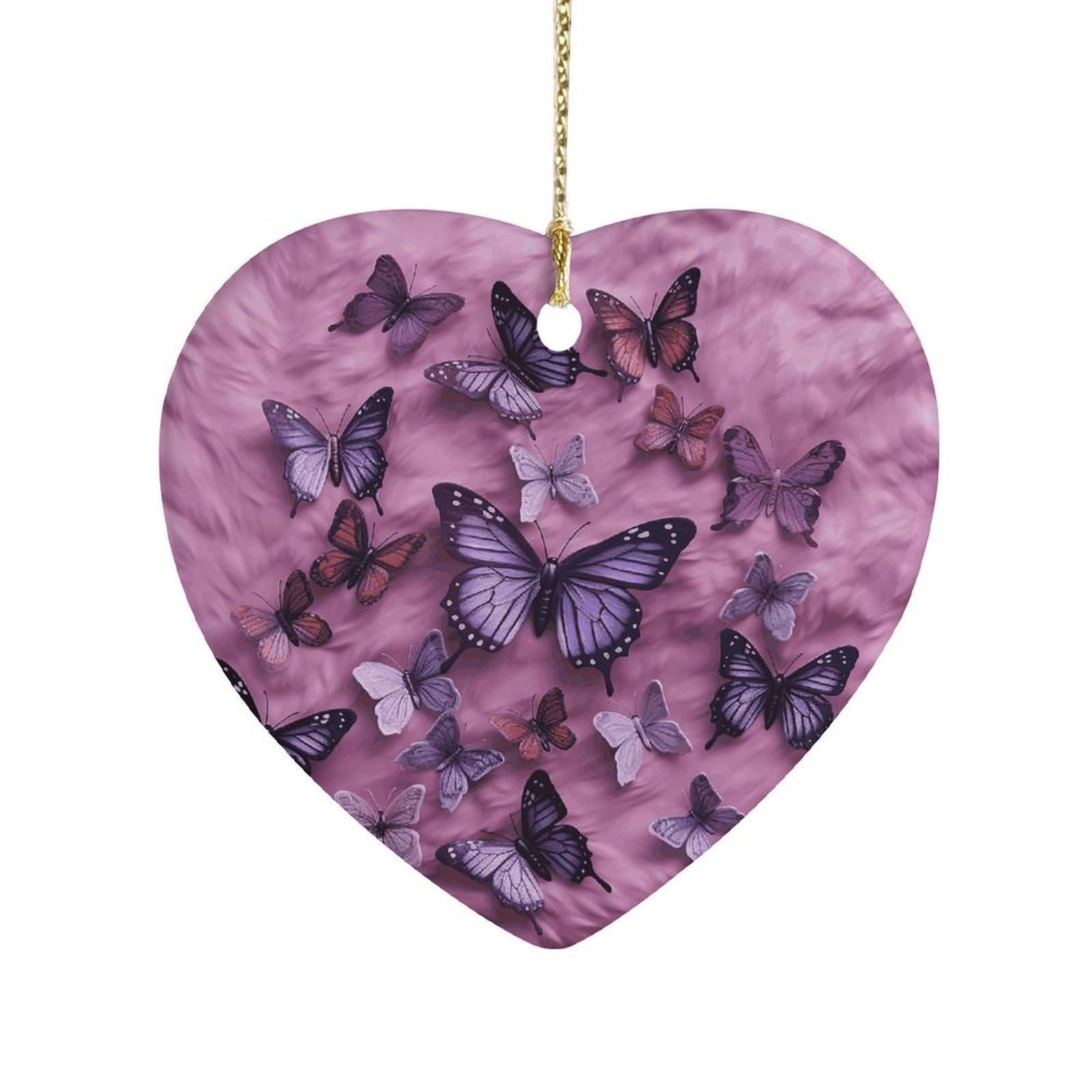 Butterflies are on Purple Background Heart Ornament Precious Heart-Shaped Pendant Idea Ceramic Ornaments with Gold String Personalized Heart Shaped Decoration for Outdoor Party Love