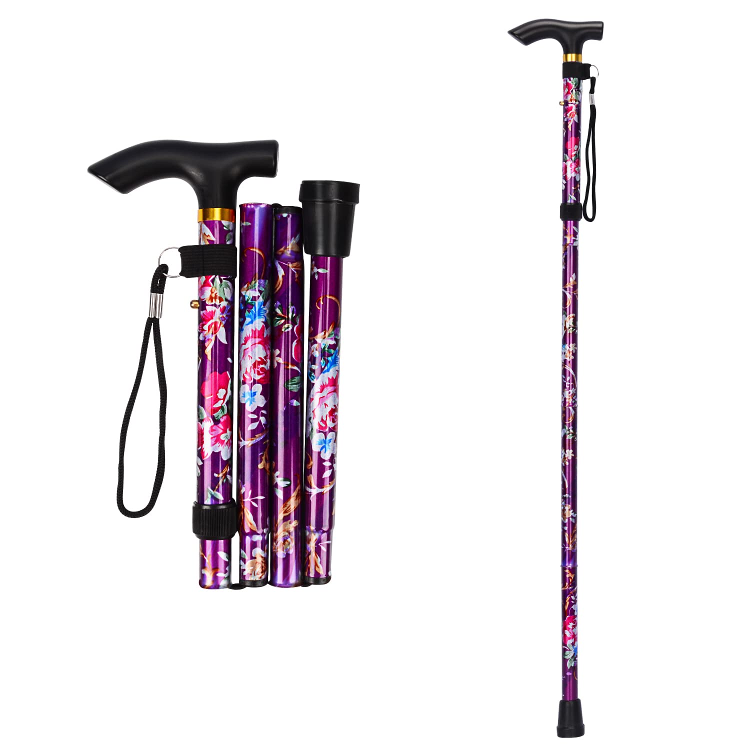 supregear Bastone Pieghevole, Regolabile per Anziani e Adulti, Ausilio per la Mobilità Uomo Donna, Portatile da Viaggio con Cinturino da Polso e Manico a T - 1