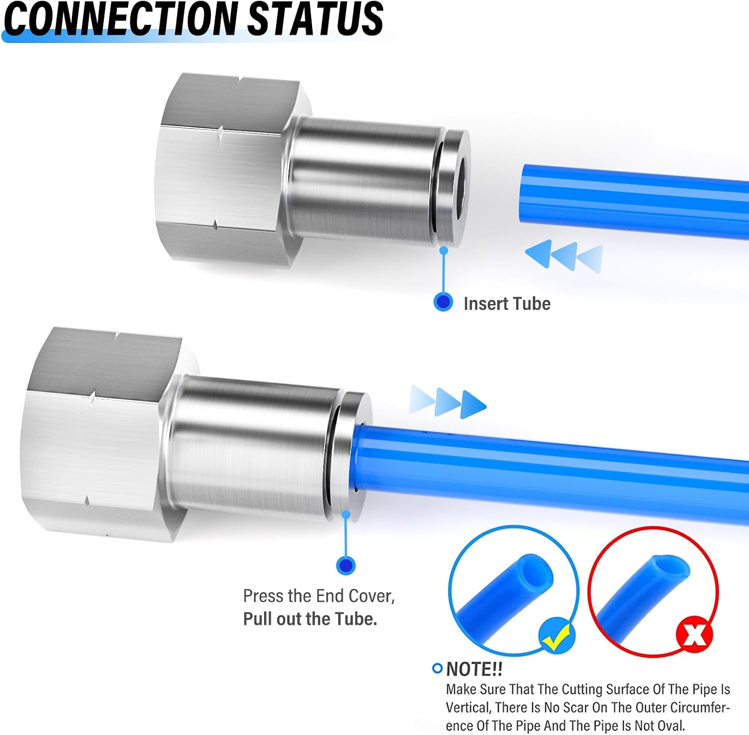 TAILONZ PNEUMATIC 304 Stainless Steel Female Straight 3/8 Inch Tube OD x 1/4 Inch NPT Thread Push to Connect Fittings PCF-3/8-N2 (Pack of 2)