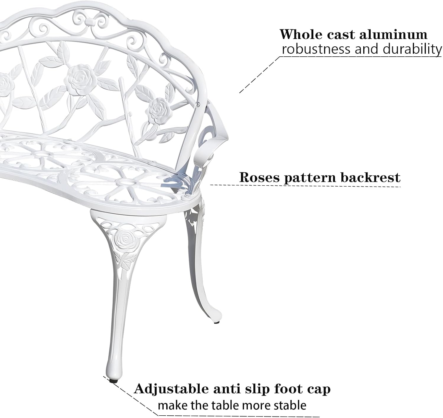 Cast Aluminium Outdoor Bench, Rose Garden Bench for Patio,Park,Lawn,Yard (White)
