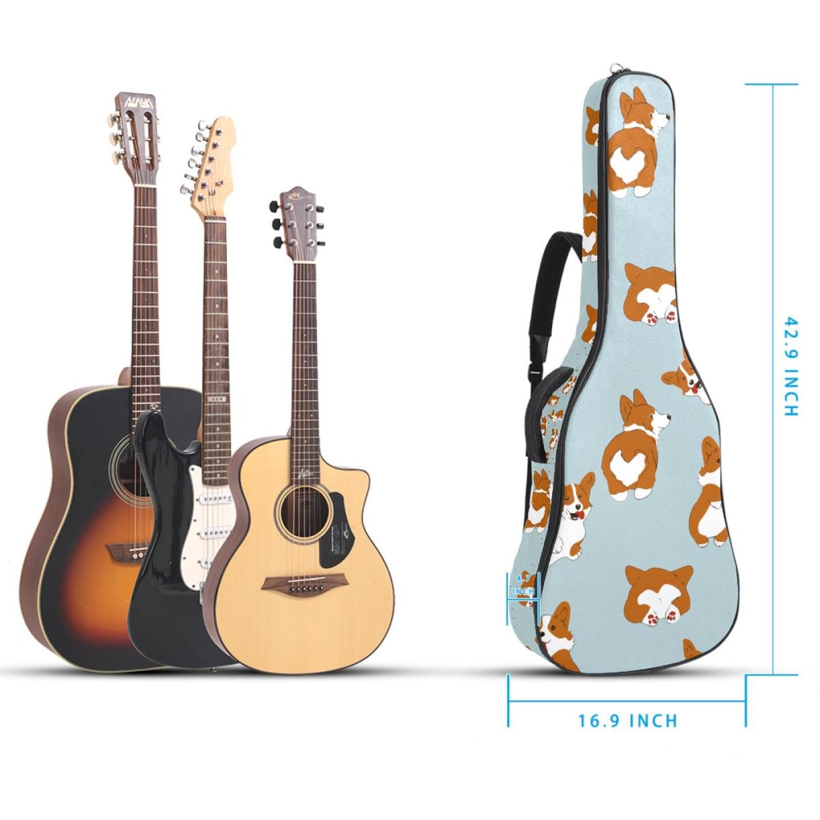 Torba na gitarę akustyczną Wodoodporny plecak na gitarę Gruby miękki wyściełany Corgi Klasyczna obudowa na gitarę, wielobarwny, 42.9x16.9x4.7 in, Organizer do torby