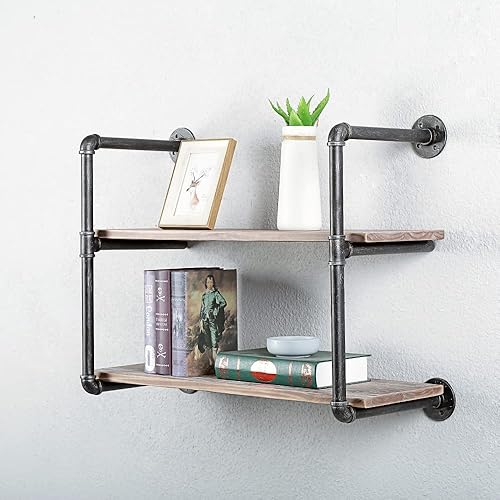 Miniatura 3 de Estantería industrial de tubería montada en la pared, estantes flotantes de metal rústico, estantes de libros de madera real, estante de pared,