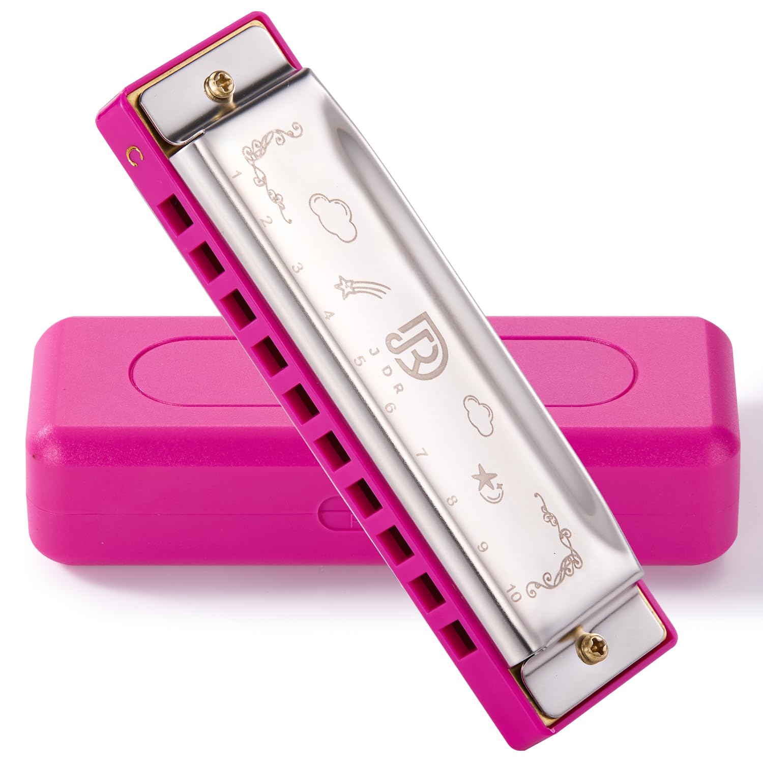JDR Harmonica Blues C Key 10 Hole 20 Tone Mouth Organ with Case Diatonic Armonica for Kids Professional Player Beginner Students Adults Friends Teacher Parents Stainless Steel Black (Pink)
