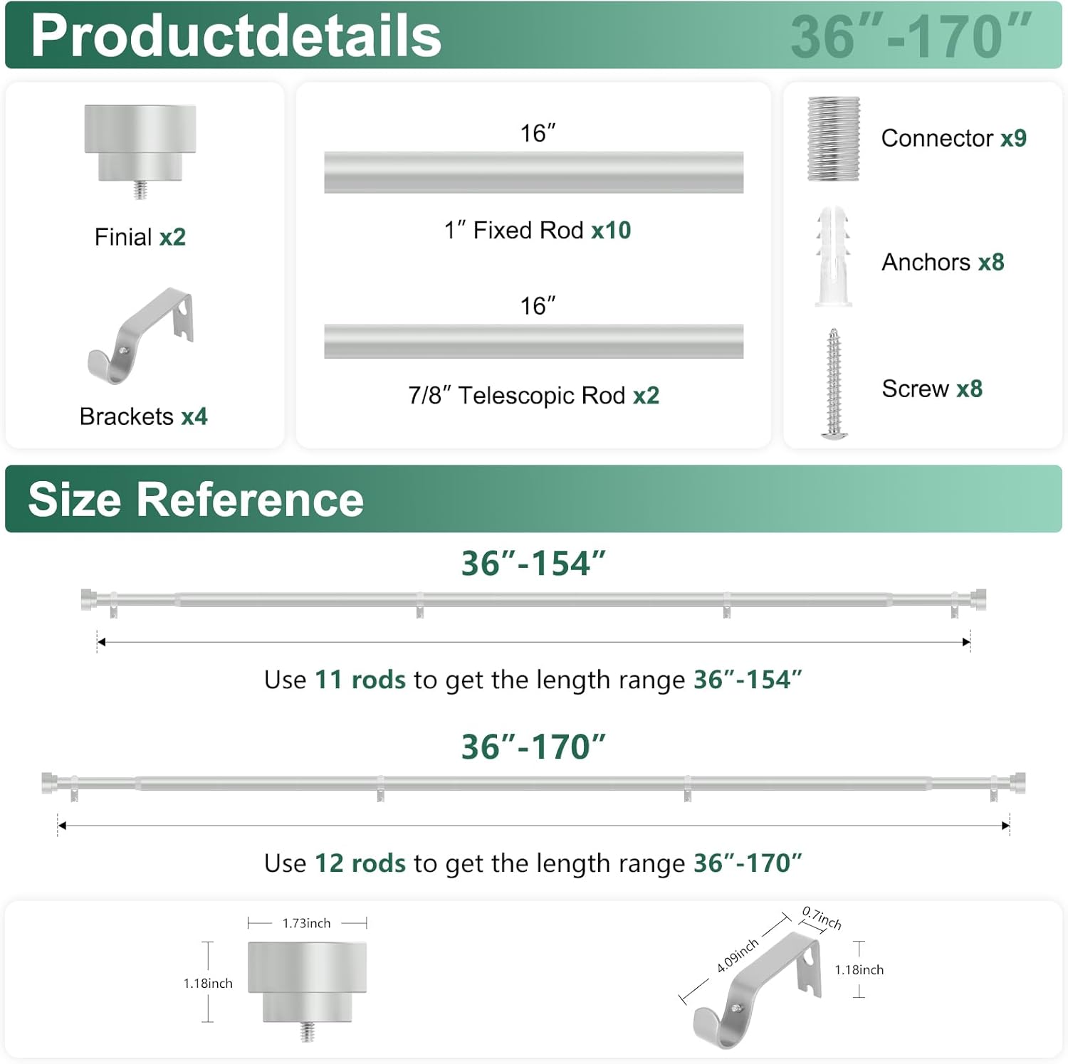 Extra Long Curtain Rods 120 to 170 Inch(10-14ft),1Inch Silver Adjustable Extra Long Curtain Rod,Heavy Duty Decorative Window Curtains Rod for Bedroom