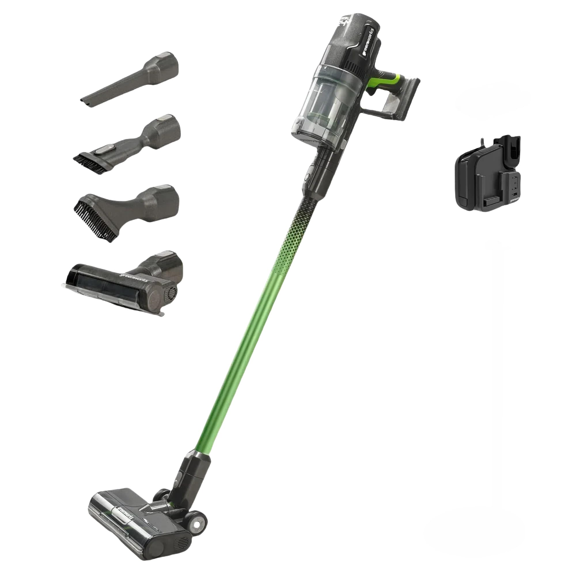 Greenworks Kabelloser Staubsauger, hohe Saugleistung, Hepa-Filter, Tierhaaraufsatz, 3 Leistungsstufen, Ladegerät für die Wandmontage, 3 Jahre Garantie, Grün