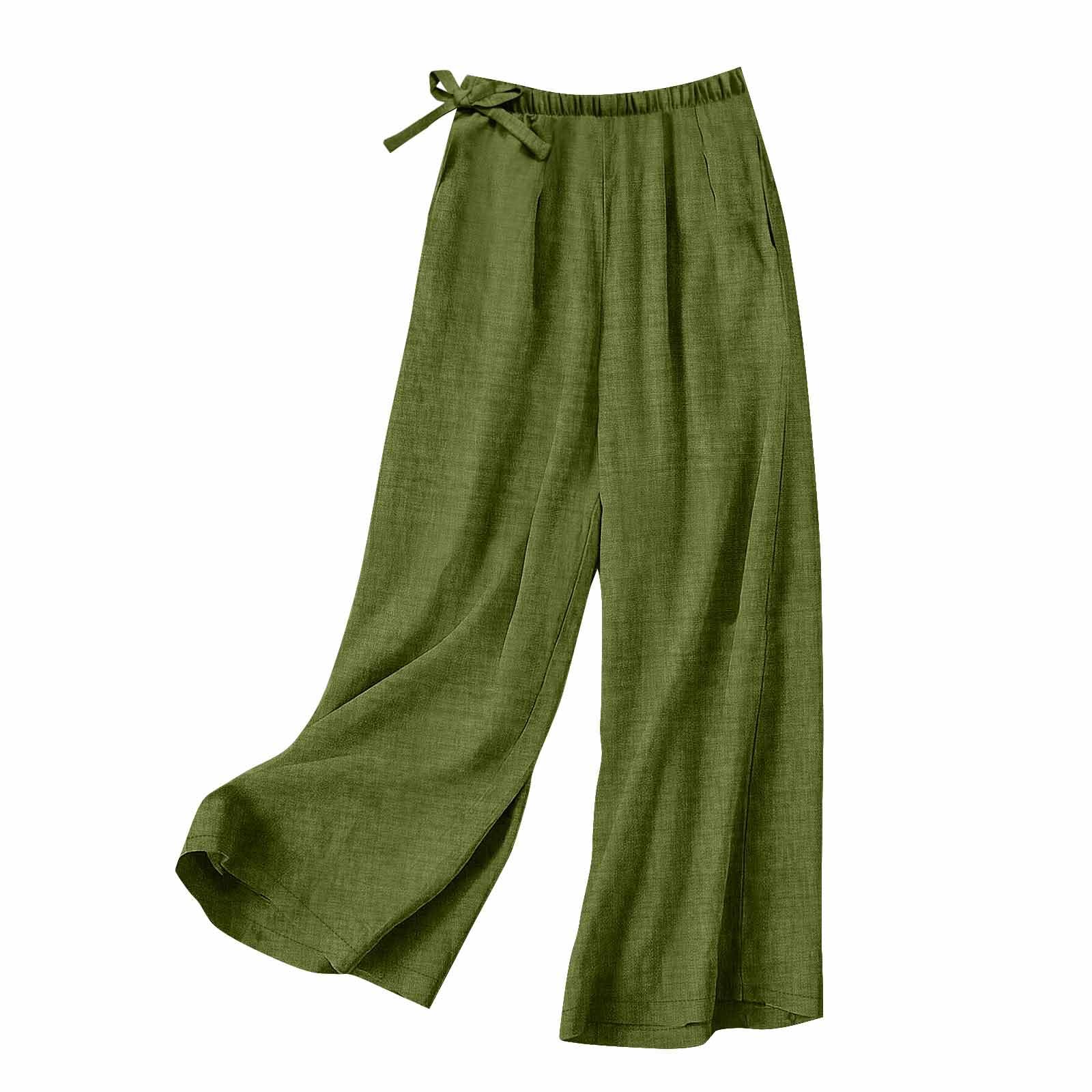 Bidobibo Women Linen Pants Oversize High Waisted Palazzo Pants Belted Wide Leg Trousers with Pockets Summer Beach Trousers