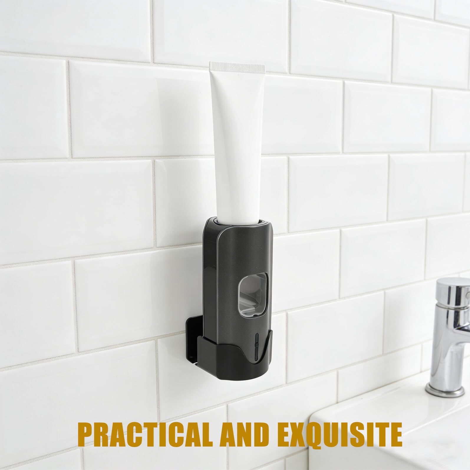 SHINEOFI Dispensador de Pasta de Dientes Automático con Soporte para Cepillos de Dientes de Plástico Negro sin Taladro de Espacio y Ajuste de 3 Niveles para Baños