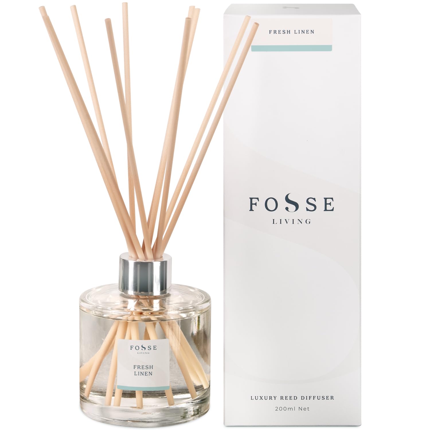Fosse Living Fresh Linen Reed Diffuser 200Ml | Clean Cotton & Laundry Fresh | 10 Natural Fibre Reeds | Vegan & Paraben Free | 4+ Months Scent | Handmade In Uk
