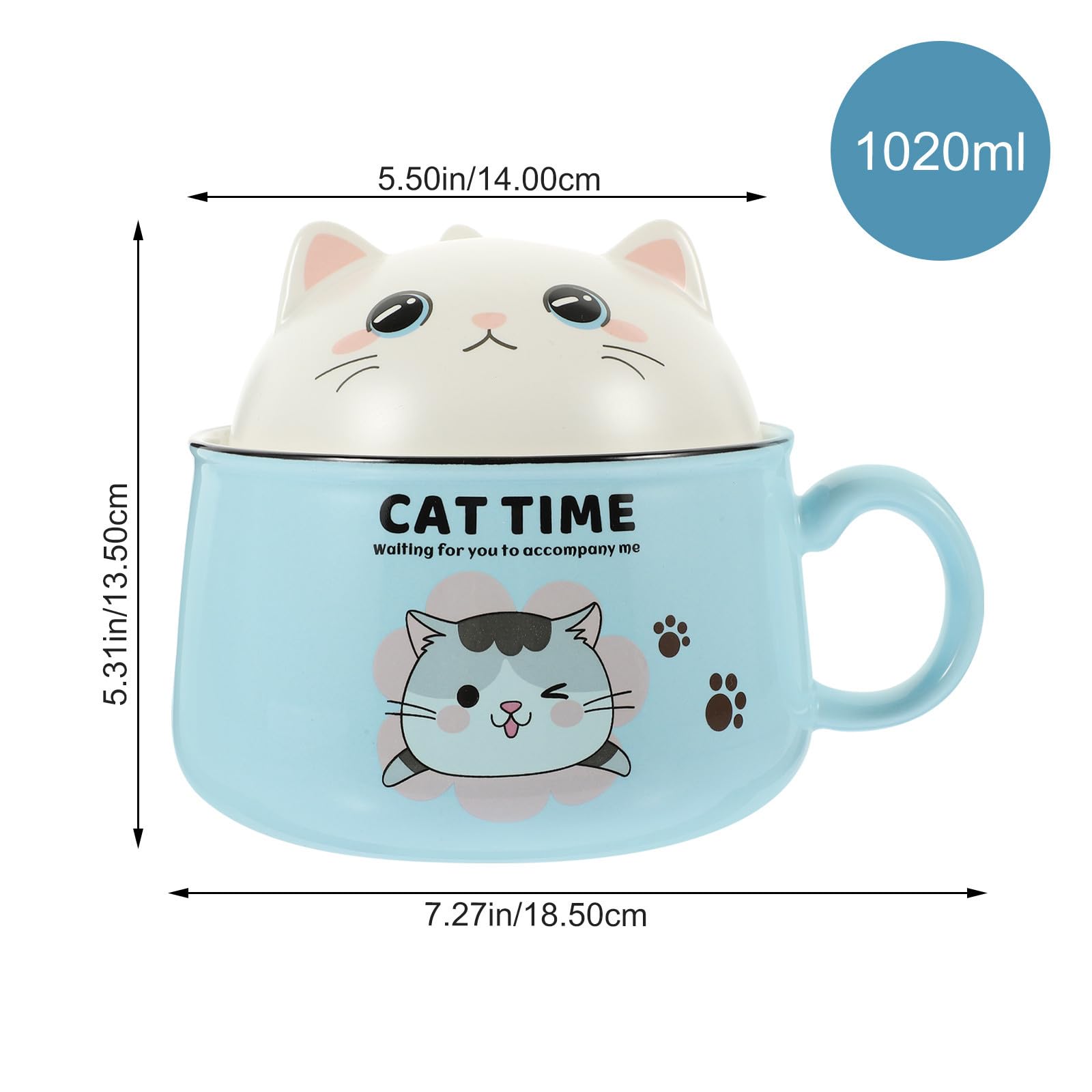 jojofuny Ramen Schüssel mit Cartoon Katzenmotiv 1020ml Keramik und Edelstahl mit Deckel und Essstäbchen für Instant Nudeln und Suppen