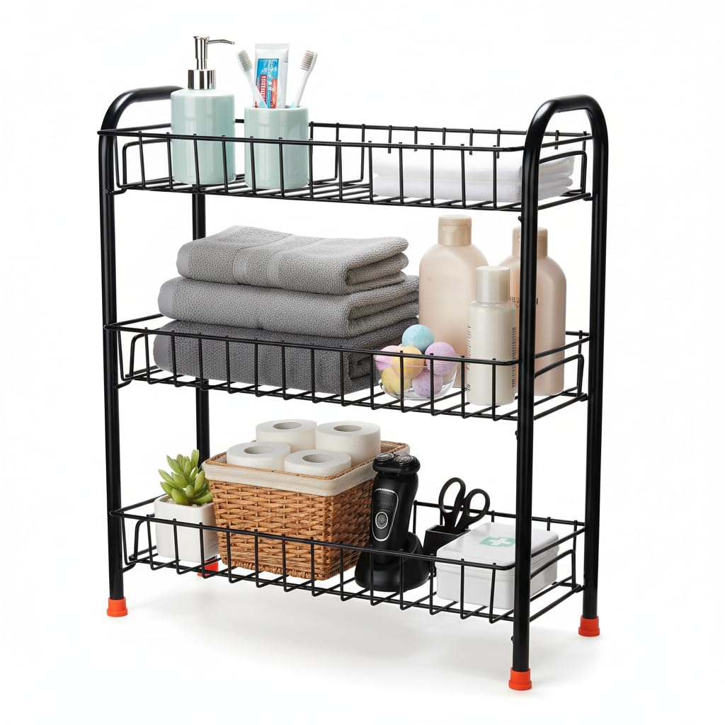 TechSrmaji Kitchen Counter Organizer Rack/Spice Rack/Foldable Metal Storage Rack/Bathroom Cosmetic Shelf MultiPurpose Stand/Kitchen Accessories (Black)