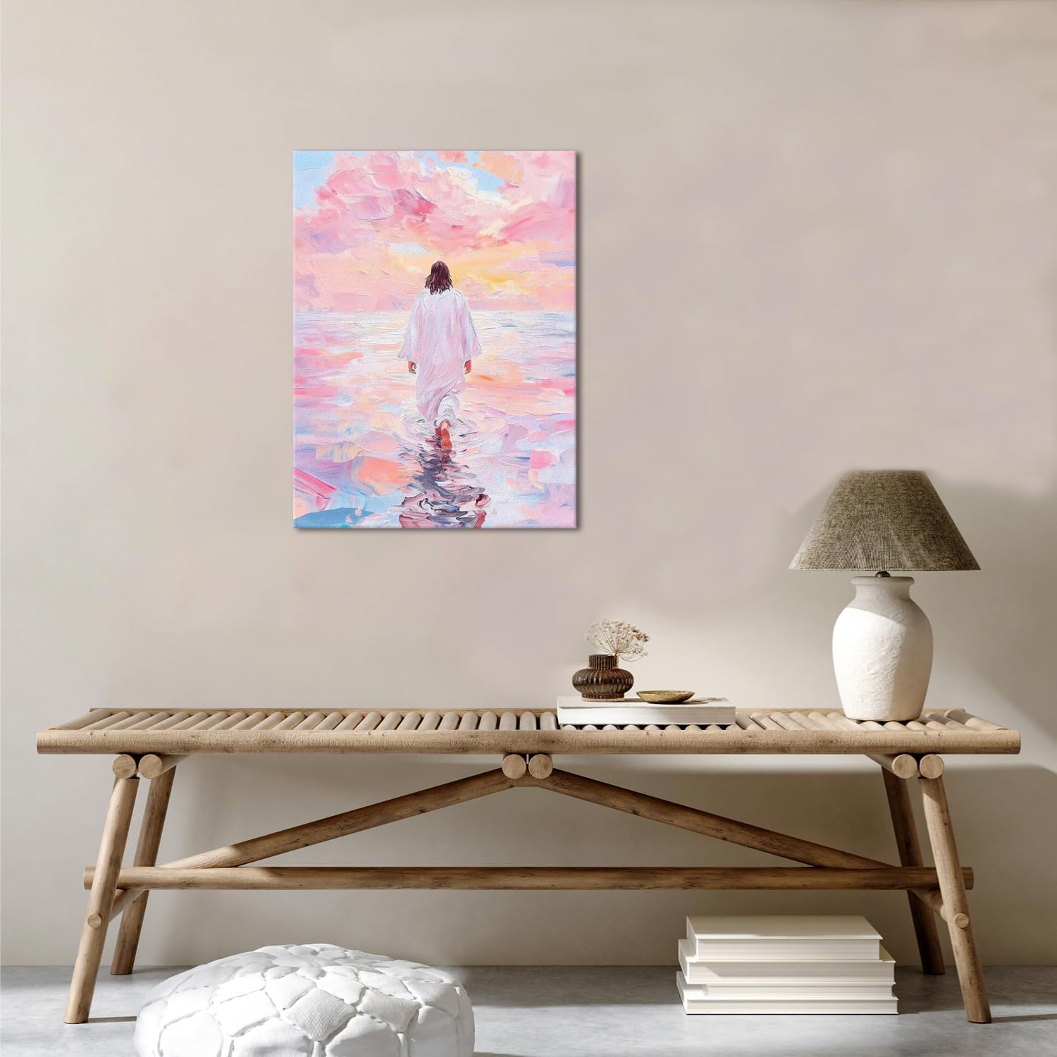 Pink Jesus Walking On Water Wall Art Religious Christian Oil Painting Canvas Wall Decor Religious Savior Poster Aesthetic Pictures for Living Prayer Room Church Bedroom 16x24 in Framed