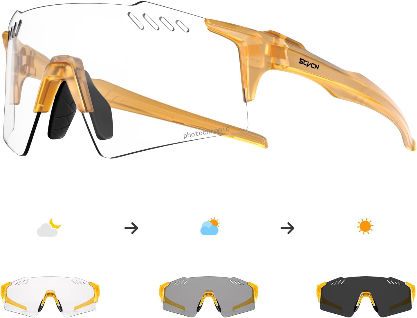 SCVCN Photochromic Cycling Glasses UV400 Protection for Women Men, TR90 Frame, MTB Running Mountain Bike Glasses, Riding Baseball Bicycle Driving, 08 Gold