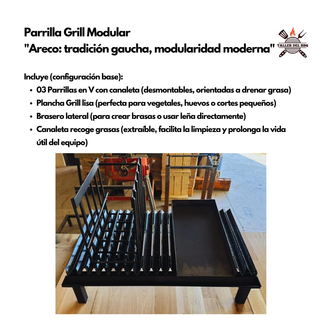 Griglia modulare in stile argentino #WorkshopDelBBQ – 3 griglie a V + piastra liscia + legno + vassoio raccogli grasso design modulare artigianale per veri amanti dell'arrosto.